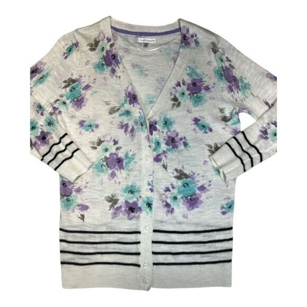 Croft & Barrow Floral Cardigan XS Lightweight Knit Sweater Striped Trim Button